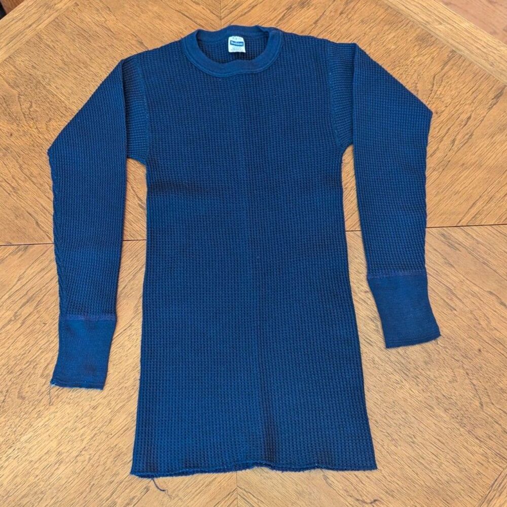 Vintage Navy Blue Waffle Knit Thermal Long Sleeve Shirt Made in USA M